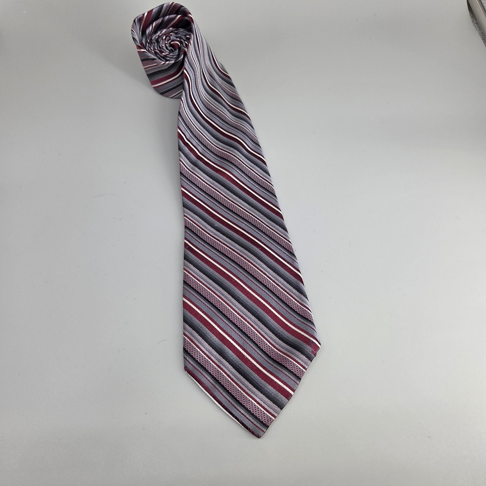 Pronto Uomo Necktie Men Burgundy Grey Striped Silk Classic Professional Formal